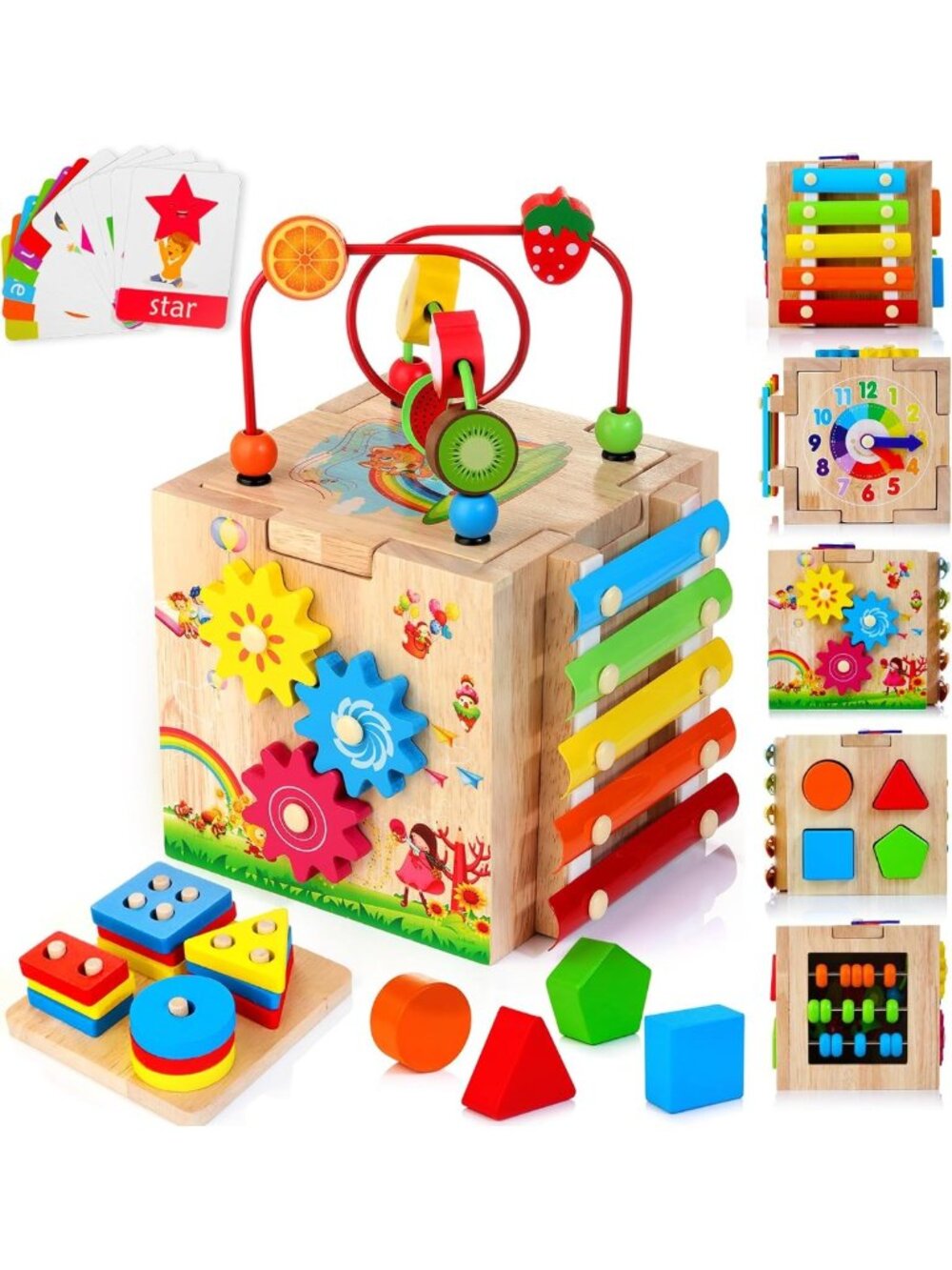 8-in-1 Montessori Wooden Activity Cube for Toddlers, Engaging Baby Toys 1+ Year